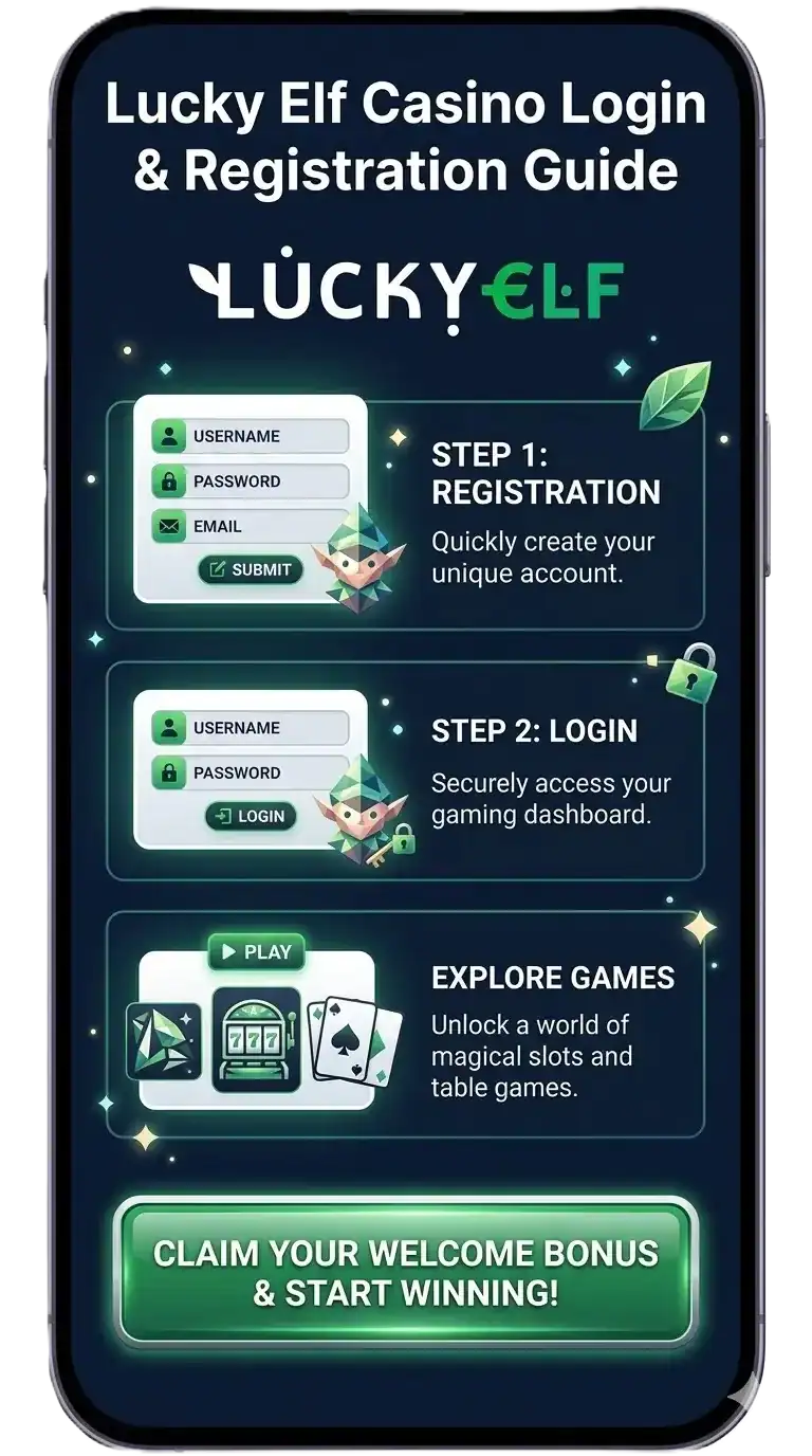 Lucky Elf Casino login registration guide image.  Lucky Elf Casino Online Canada